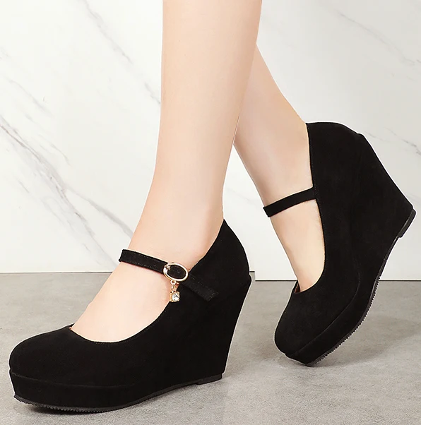EAGSITY Suede pumps women wedges shoes platform ankle strap round toe ladies dress office lady court shoes