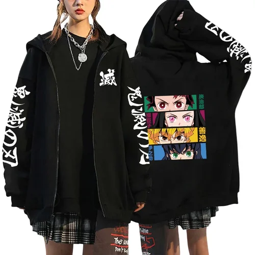 Imagen 2 del producto Sudadera con capucha negra con estampado de Anime japonés para mujer, chaqueta con capucha de manga larga y cremallera, sudadera con patrón de Tanjirou Zenitsu Inosuke, abrigo de otoño