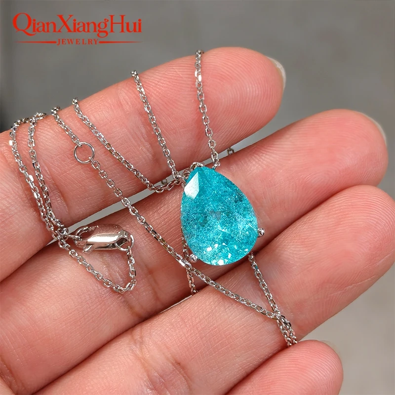 925 Silver Pear Shape 8CT 10x14mm Lab Grown Created Inclusions Green /Neon Blue Paraiba Color YAG Stone Pendant Necklace