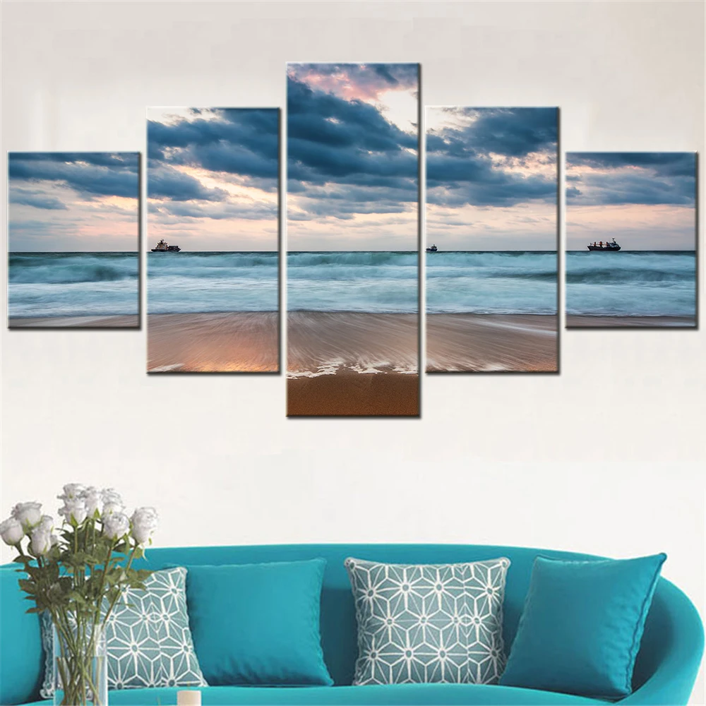 5 Panel Canvas Painting Wall Art Home Decor Picture Sea Wave Cloudy Beach Seascape Poster Print Modular Bedroom Decoration Frame