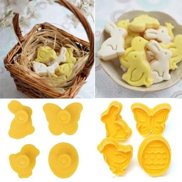 4Pc / Set Easter Egg Rabbit Chick Butterfly Plastic Plunger Fondant Cookie Cutter Set Mold Biscuit Decor Baking ToolsSet