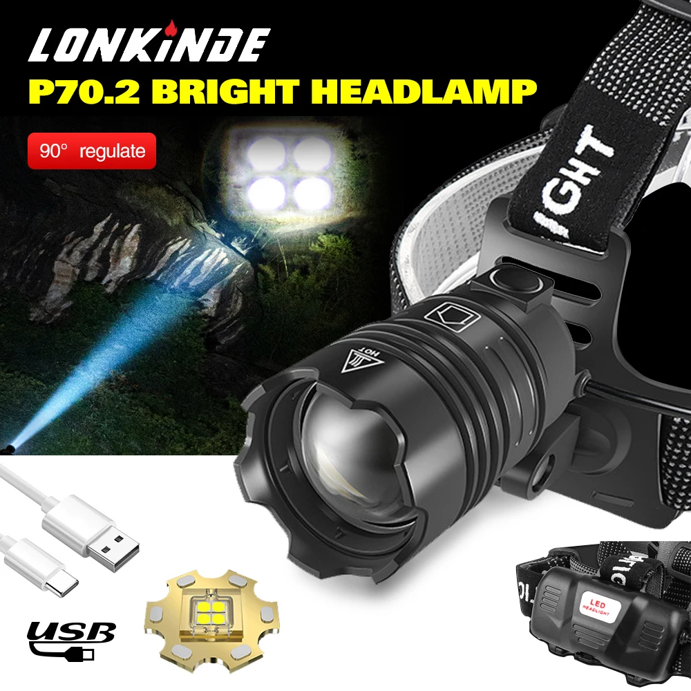 

Powerful XHP70.2 10000LM Led Headlamp Headlight Zoom Head Lamp Flashlight Torch 18650 battery USB-C Rechargeable Fishing Lantern