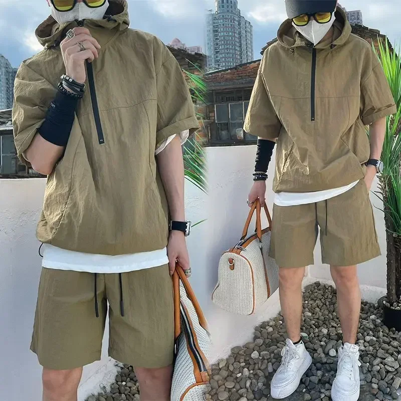 

Fashion High Quality Handsome Sweatshirt Suit Summer Cargo Style Set Men's Casual Hooded Solid Short Sleeve T-shirt Shorts Loose