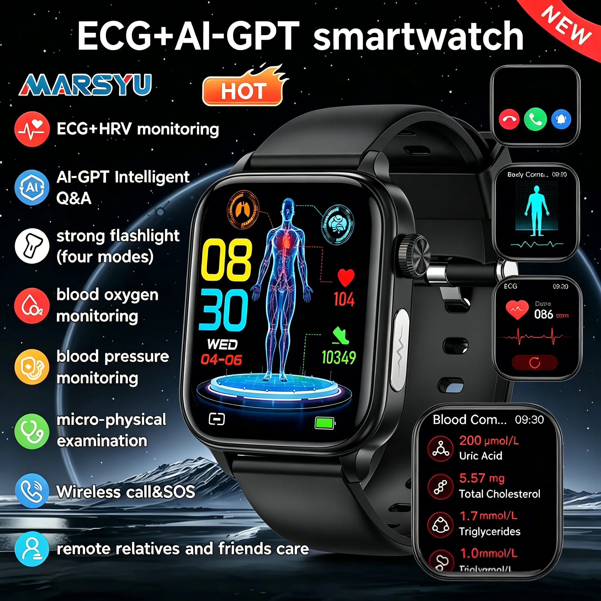 Marsyu 2026 EKG+PPG+HRV Smartwatch Blutfett- und Harnsäure-Körperanalyse Menstruations-Gesundheitstracker Unisex Smartwatch