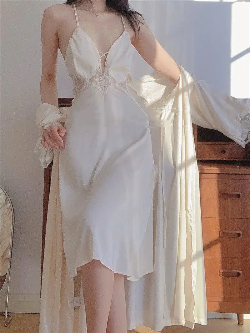 Silk Robes for Women Sweet Vintage Skin-friendly Nightdress Sexy Lace V-neck Nightgown Sleepwear French Loungewear Bath Robe