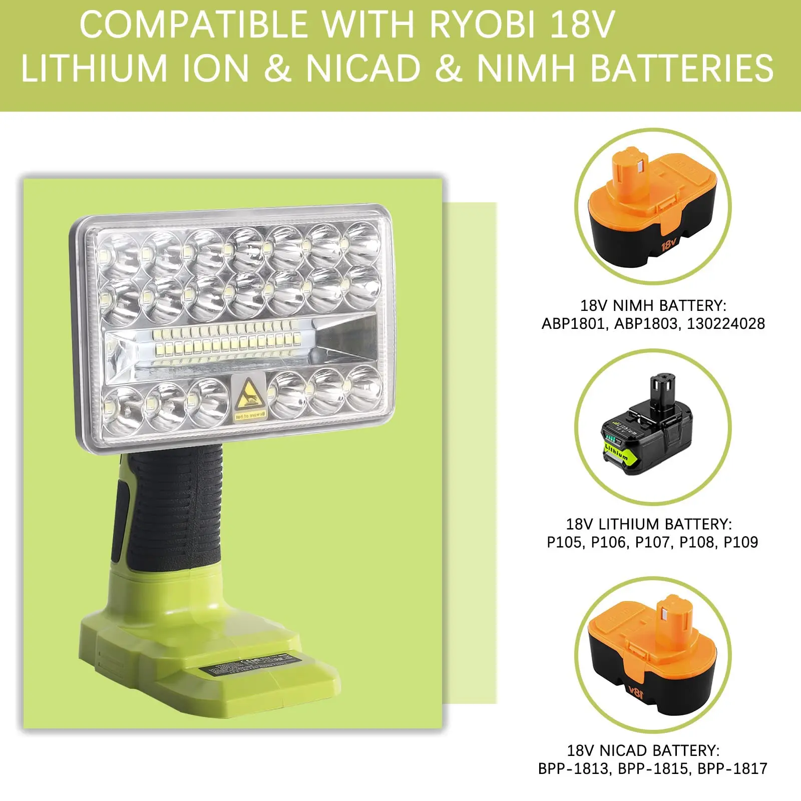 Cordless LED Work Light for Ryobi 18v ONE+Li-ion NiCd NiMh Batteries P108 2000LM Power LED Spotlight Handheld Flashlight Jobsite