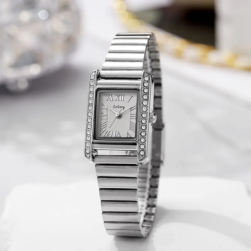 Fashionable square classic diamond inlaid watch, women's watch simple bamboo knot steel strap watch