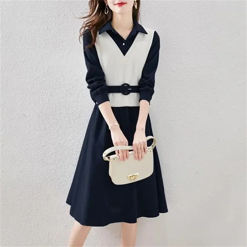 Temperament Long Sleeve Dress For Women 2025 New Spring Autumn Trendy Belt Dresses Office Ladies Elegant Fake Two-piece Vestidos