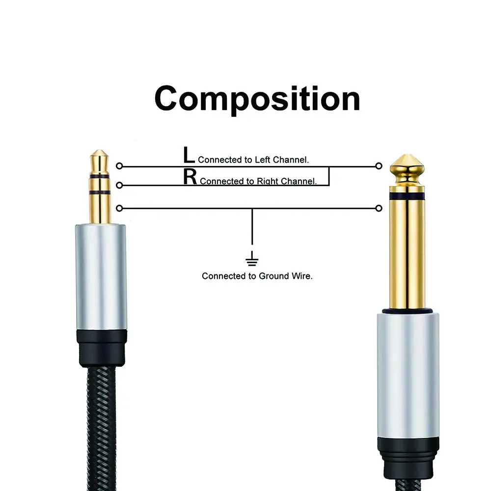 Cable adaptador de interconexión Mono a estéreo de 3,5mm TRS a 6,5mm TS, 1,5 metros, Compatible con IPhone, PC, sistema estéreo doméstico