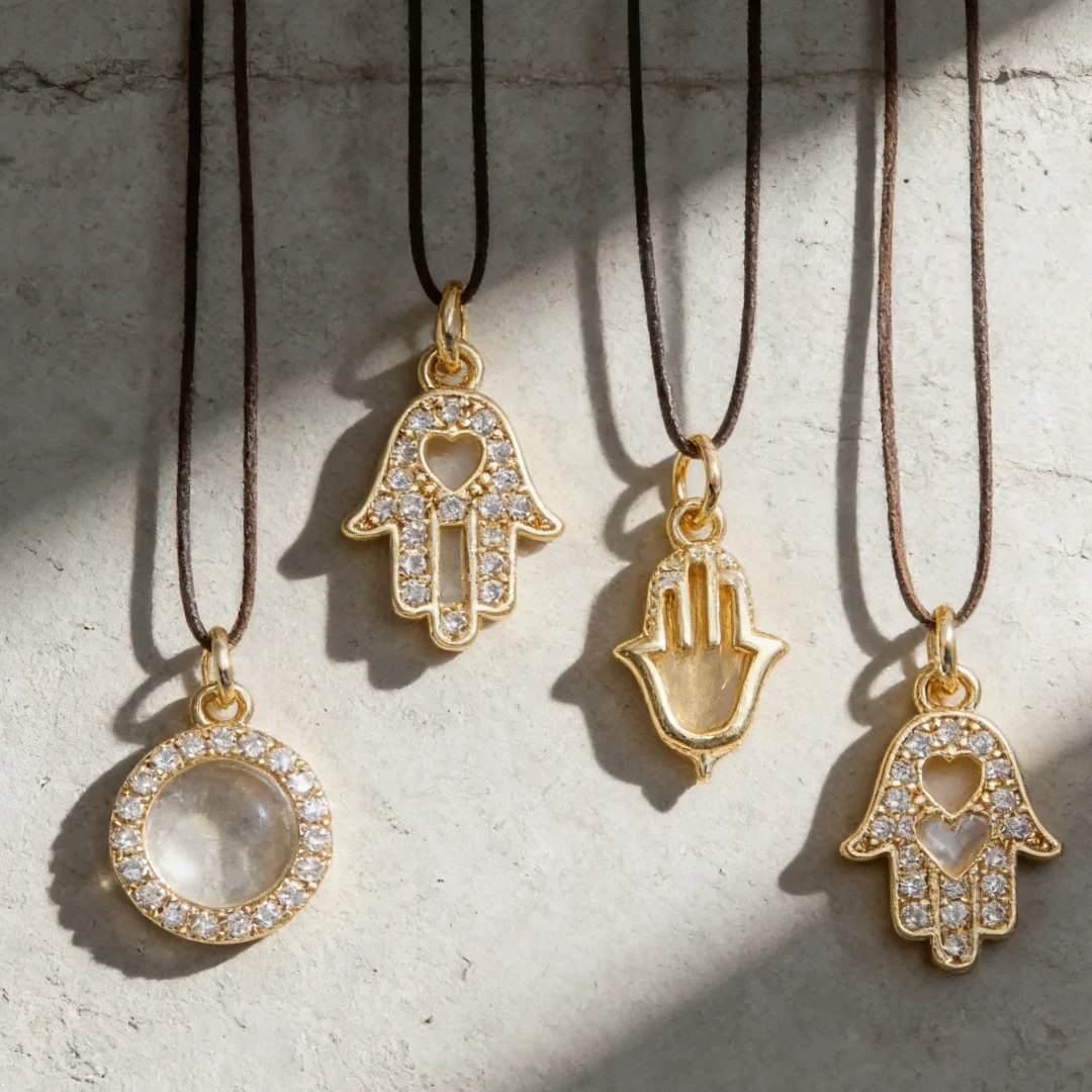 5Pcs Pendants Gold Plated Palm Charms Zircon Heart Round Hollow Design for DIY Jewelry Necklace Bracelet Hamsa Hand Accessories