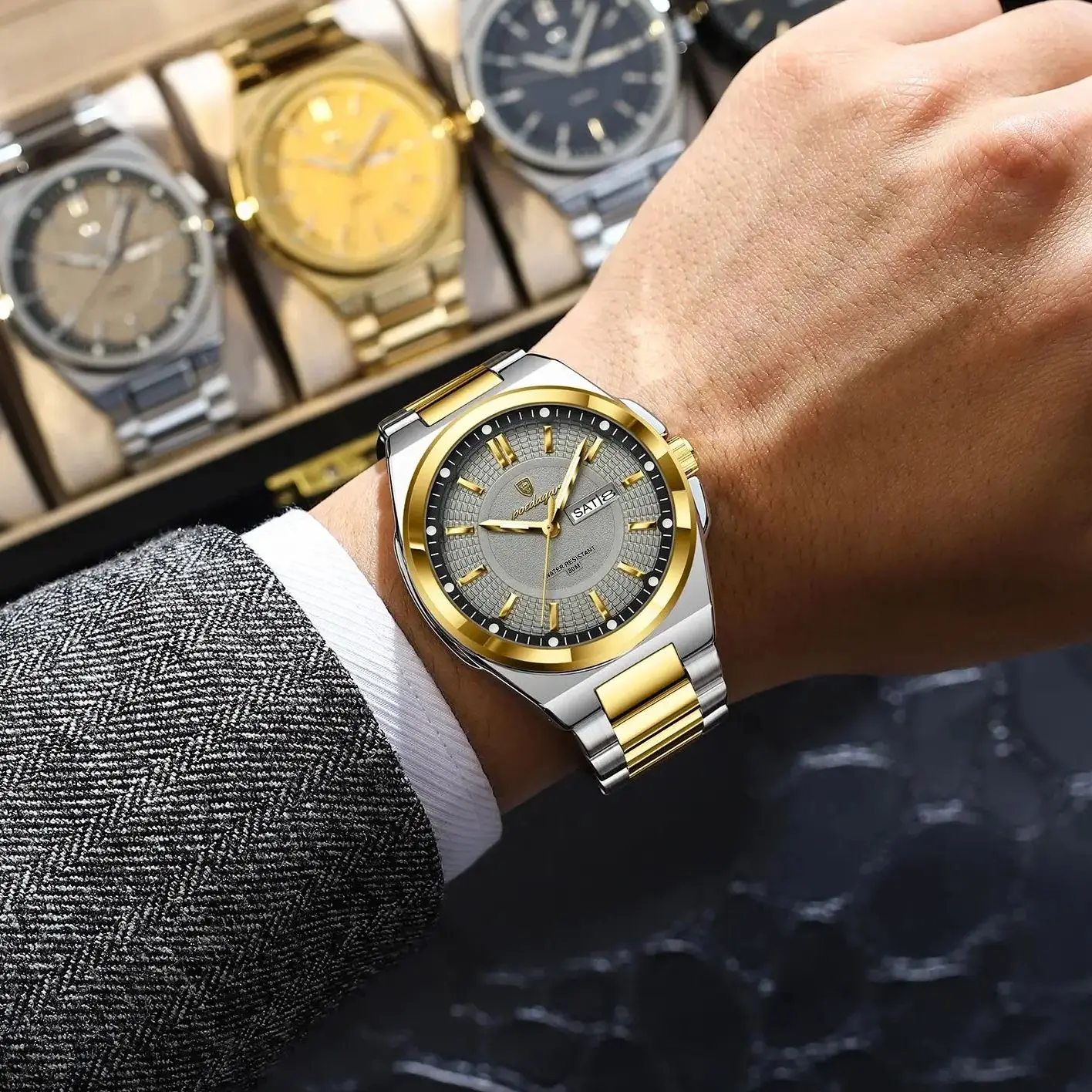 POEDAGAR أفضل ساعات رجالية أصلية من الفولاذ المقاوم للصدأ مقاومة للماء ساعة رجالية مضيئة تاريخ الأسبوع كلاسيكية عصرية كوارتز ساعة يد رجالية