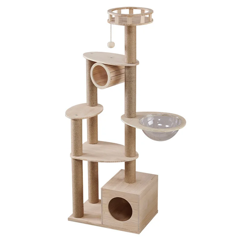 

Cat climbing frame solid wood, large nest space capsule, integrated scratching column cat jumping platform cat tree hemp