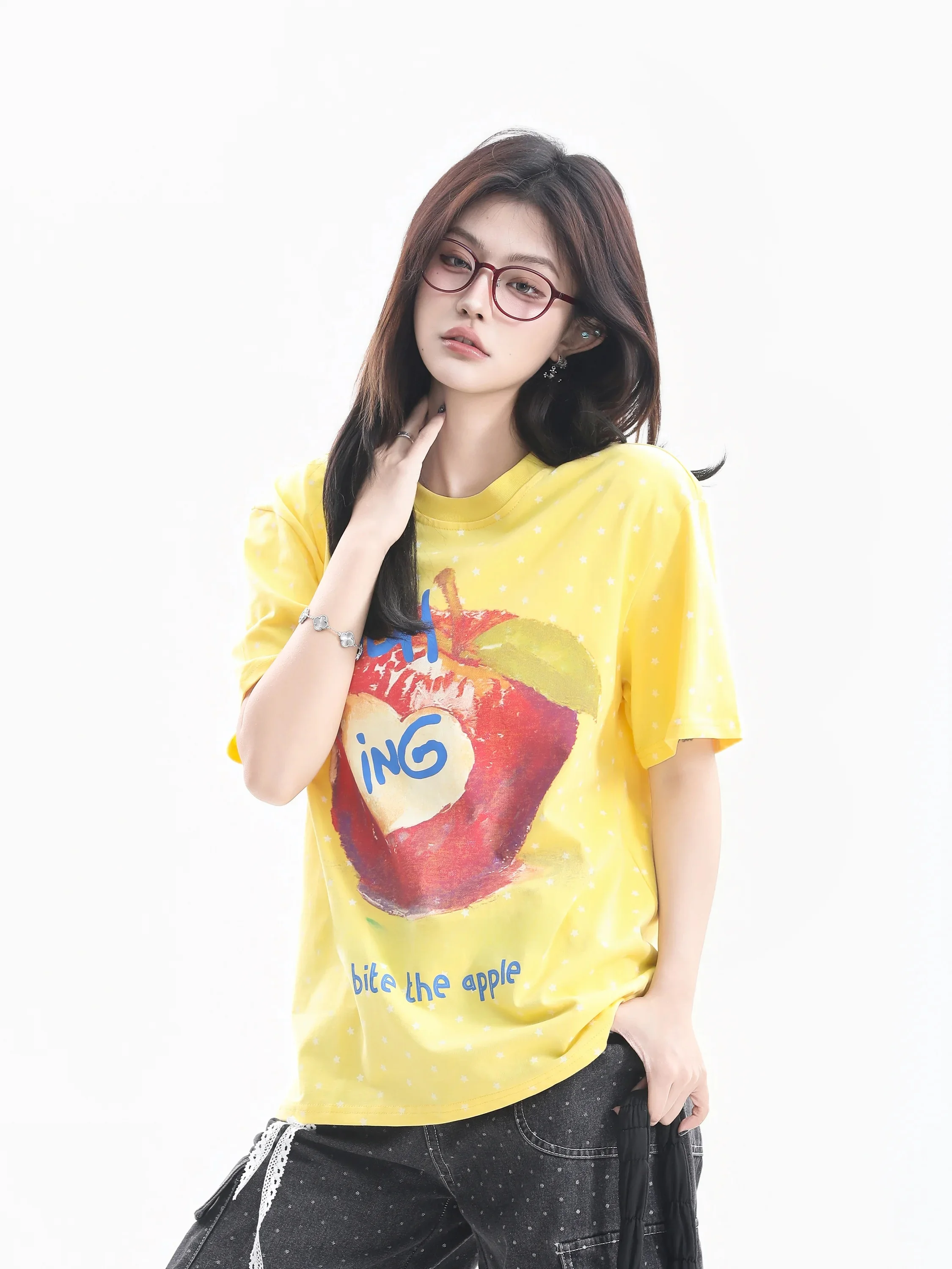 

Loose Print Short Sleeve T-Shirt Women's Casual Style Couple's Top Cotton Material round Neck Line Design Summer Fashion