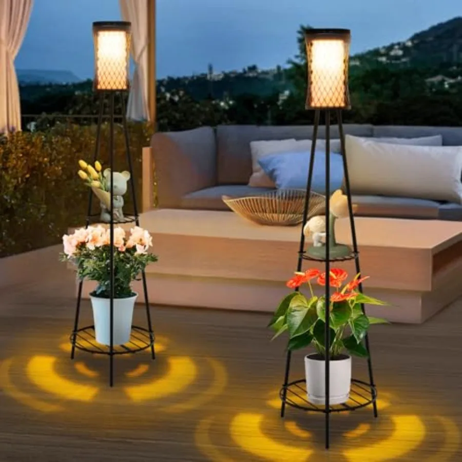 

Outdoor Solar Floor Lamps with USB Charging, 45.67 Inch Tall Double Plant Stand Outside Floor Lamps, Warm and White 3 Modes Sta
