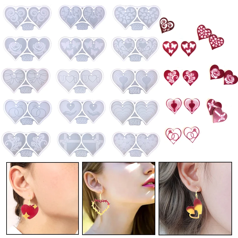 Love Heart Shape Earring Pendants Epoxy Resin Silicone Mold Valentine'S Day Series Earring Mold Crafts Jewelry Making Girl Gifts