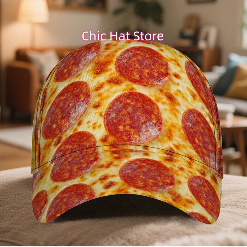 1pc Pizza-Themed Adjustable Snapback Hat - Pepperoni Pizza Print Lightweight Polyester Duckbill Cap with Realistic Pizza Slice &