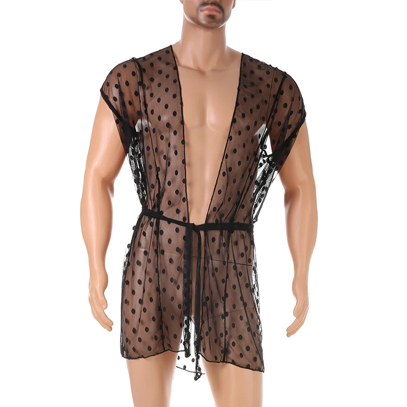 

Long Transparent Leisure Bathrobes Sexy Men Sleeveless Hooded Pajamas Lace See Through Homewear Sexy Nightwear Nightgown