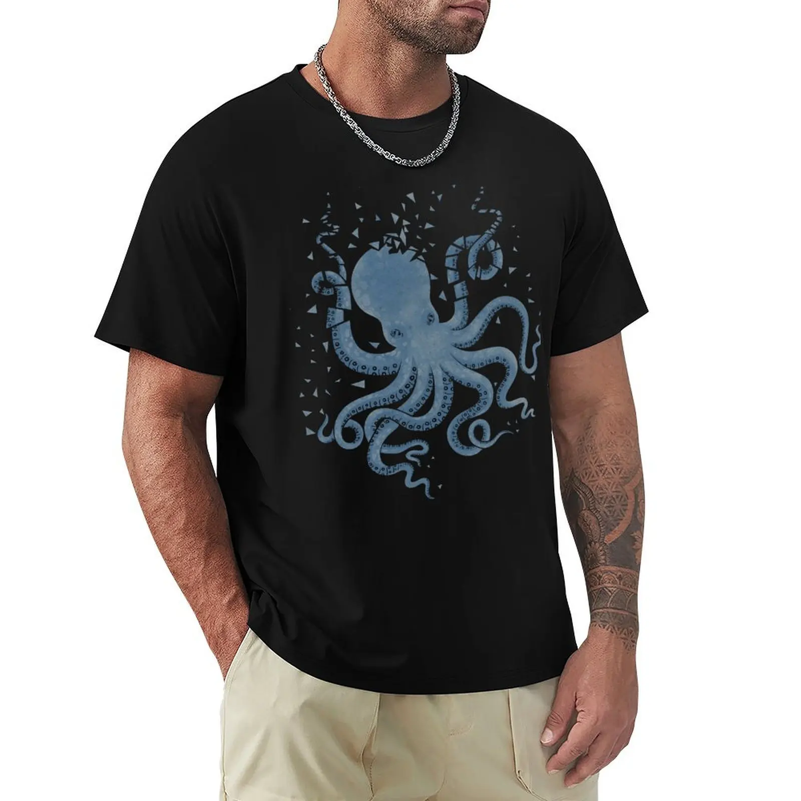 Octopus in the Deep (Blue on Pink Version) T-Shirt Casual Pattern Print Tee Shirt