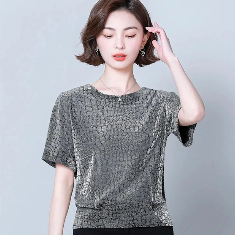 Women\'s Short Sleeve Loose Blouse, Casual Shirt, Elegant, O-Neck, Office Clothing, Summer Fashion Shiny Silver Tops, 14081