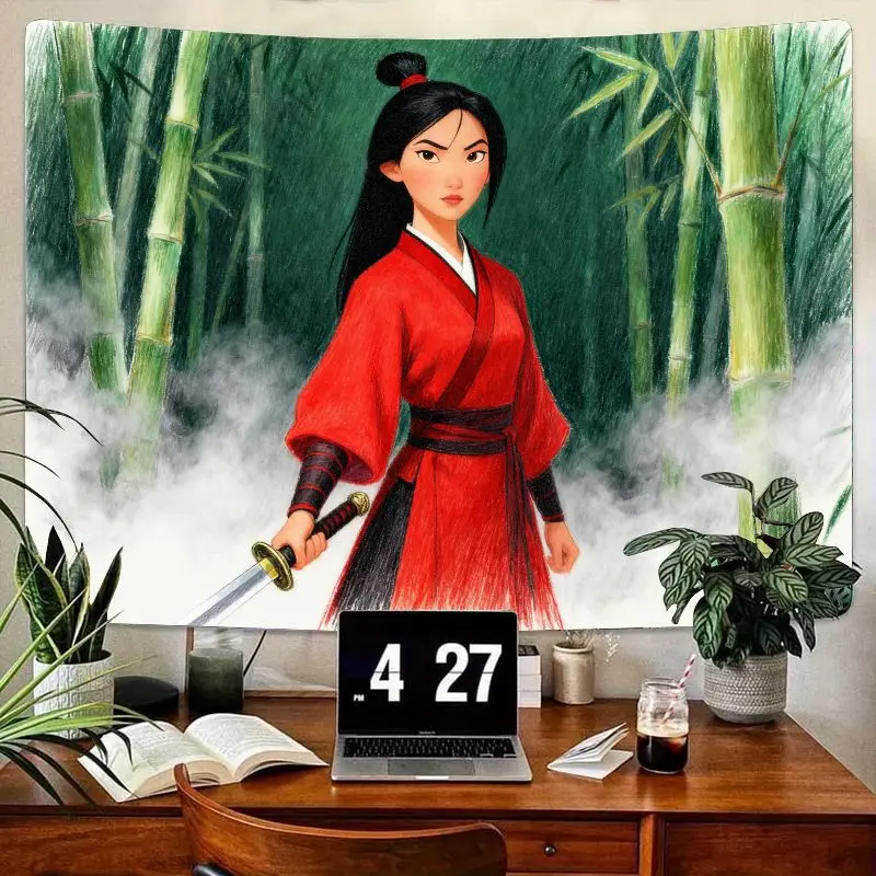 

1 шт. гобелен Disney Mulan Red Warrior, настенное искусство из бамбукового леса, современный полиэстер, декор для гостиной, спальни, подарок для фанатов кино.