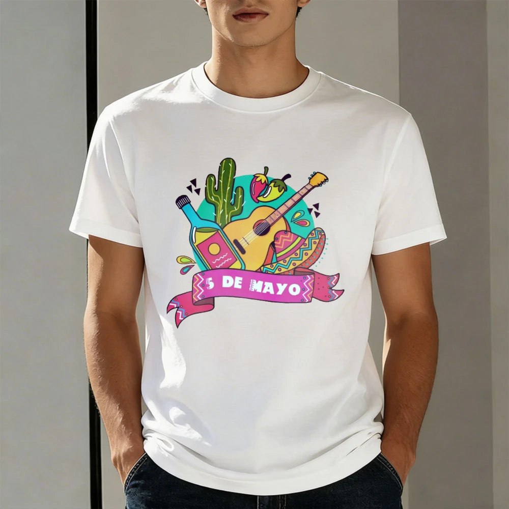 Cinco De Mayo Men T-Shirt Cotton Summer Short Sleeve Fashion Tee with Guitar Cactus and Mexican Flag Design for Party Gift Top