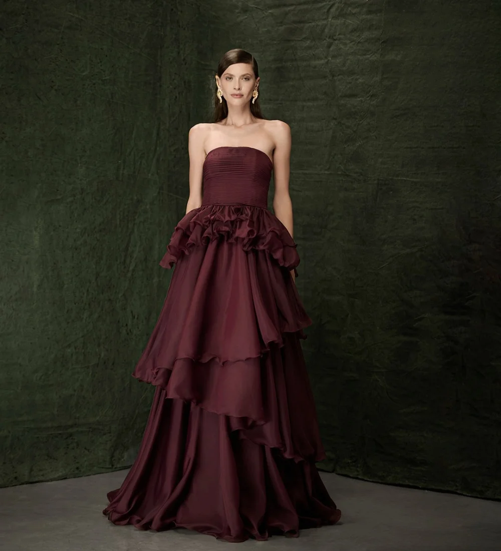 

Customized Fashion High Quality Pleat Ruched Draped Tiered Burgundy A-line Strapless Evening Dresses Long Dresses