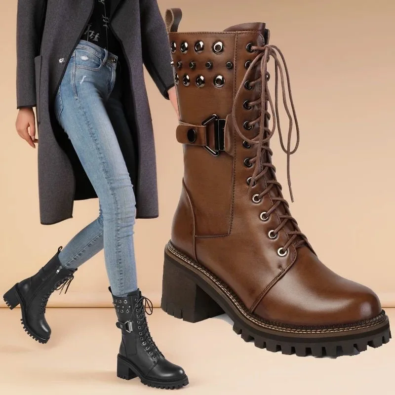 

Brown Thick Bottom Equestrian Women's Riding Boots Mid-Calf Knight Boots High Heel Short Boot Ladies Chunky Heel Single Shooes