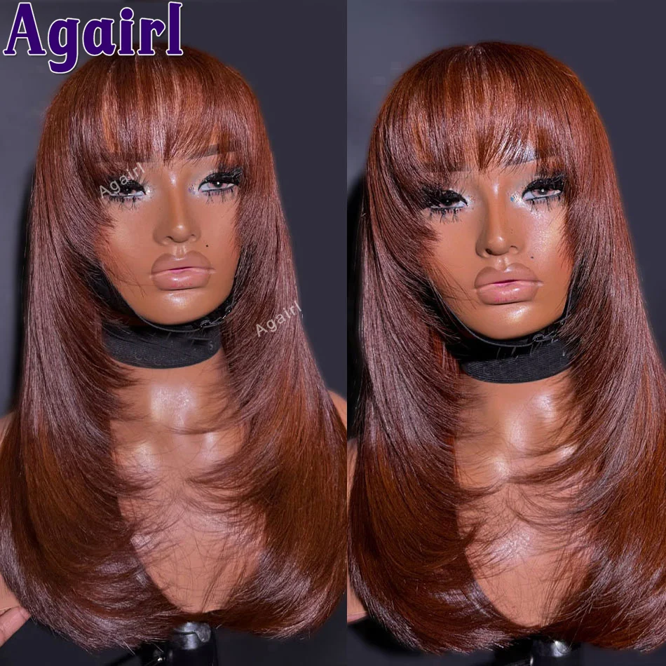 

Reddish Brown Bone Straight 13X4 13X6 Lace Frontal Human Hair Wigs For Women Transparent 6X4 Lace Closure Wigs With Bangs 30Inch