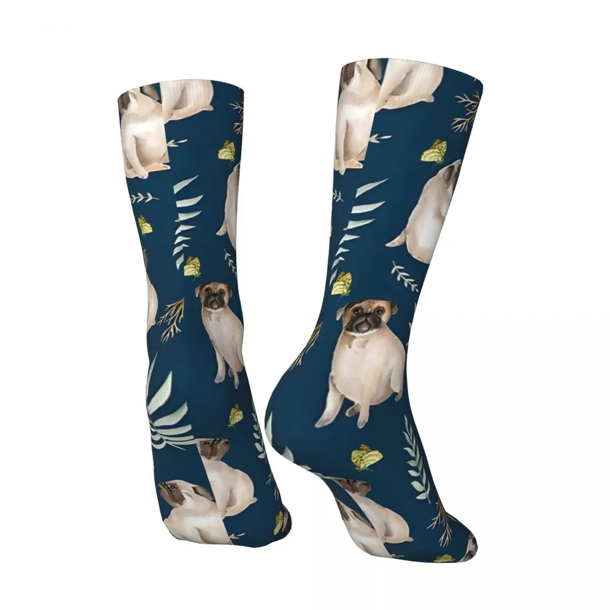 Pugs And Butterflies. Blue Pattern Men's Socks Vintage Harajuku Street Style Novelty Seamless Crew Sock