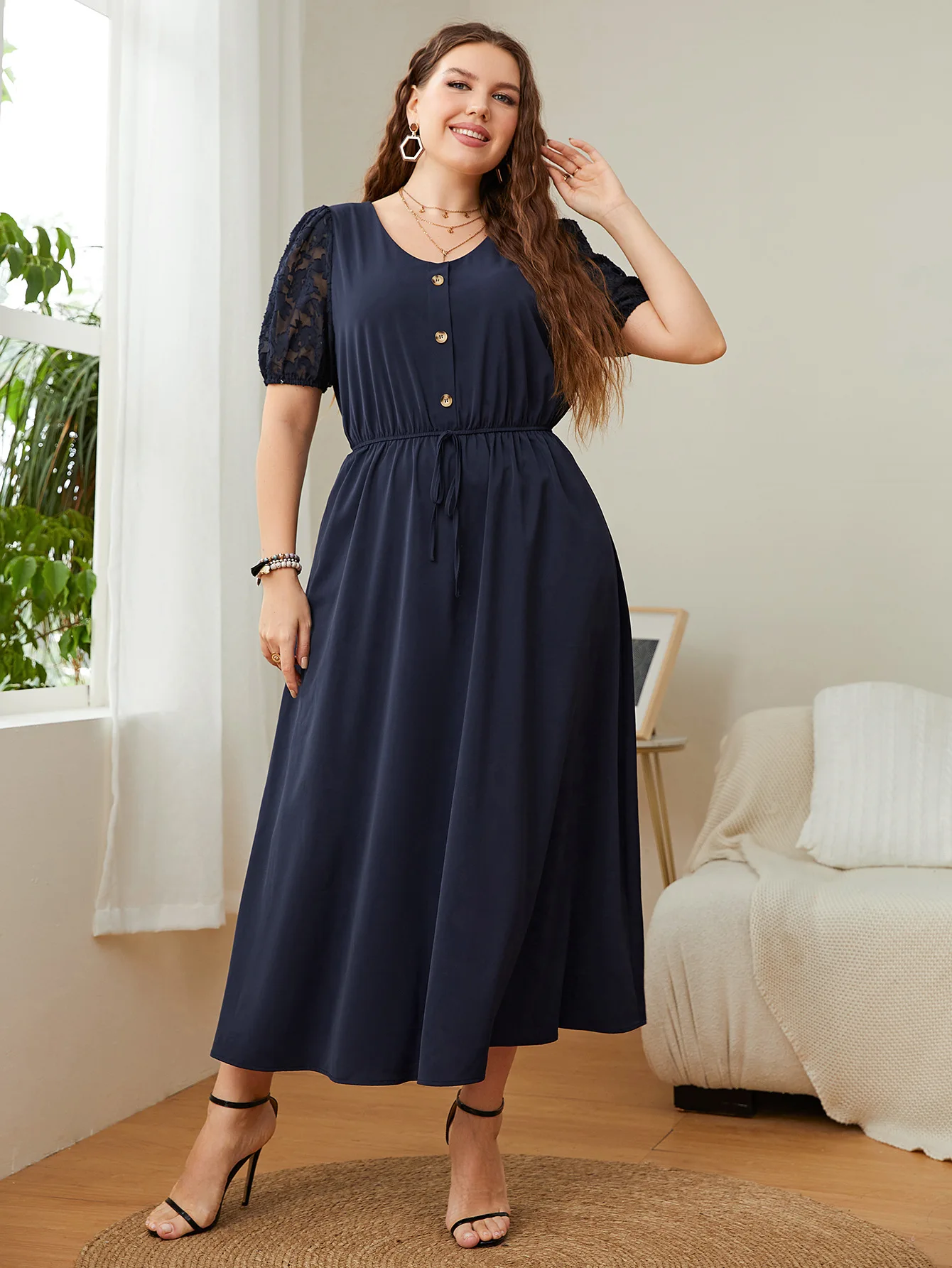 Sukienka Plus Size Krótki Rękaw Solidna Granatowa Długa Sukienka Oversize Wysoka Talia Odzież Damska Długość do kostek Casual O Szyja