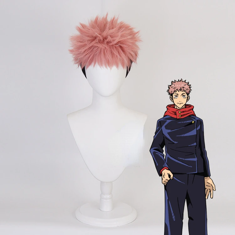 Anime Itadori Yuji parrucca Cosplay capelli corti parrucche e berretto interni in rete di seta rosa ad alta temperatura