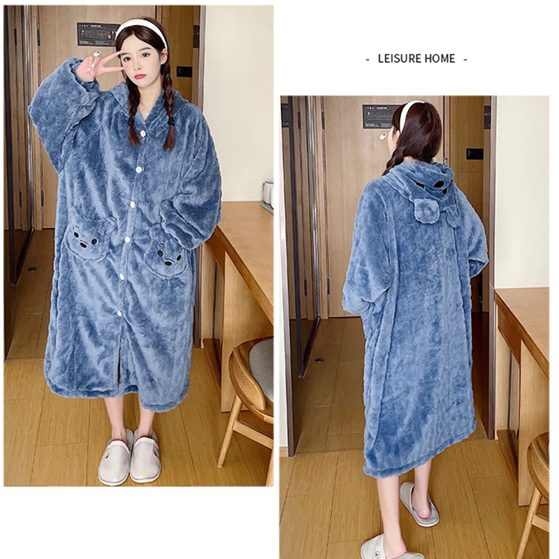 Flannel pajamas for women winter new sweet and lovely cartoon long sleeve robe and pants home wear two pieces