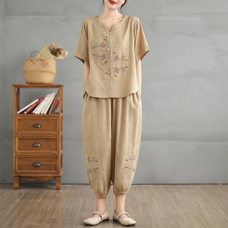 Casual Cotton Linen Harlan Two-Piece Set Women's Summer Fashion Ensemble V-Neck Nine-Piece Pants Sleeveless Vest for Mommy