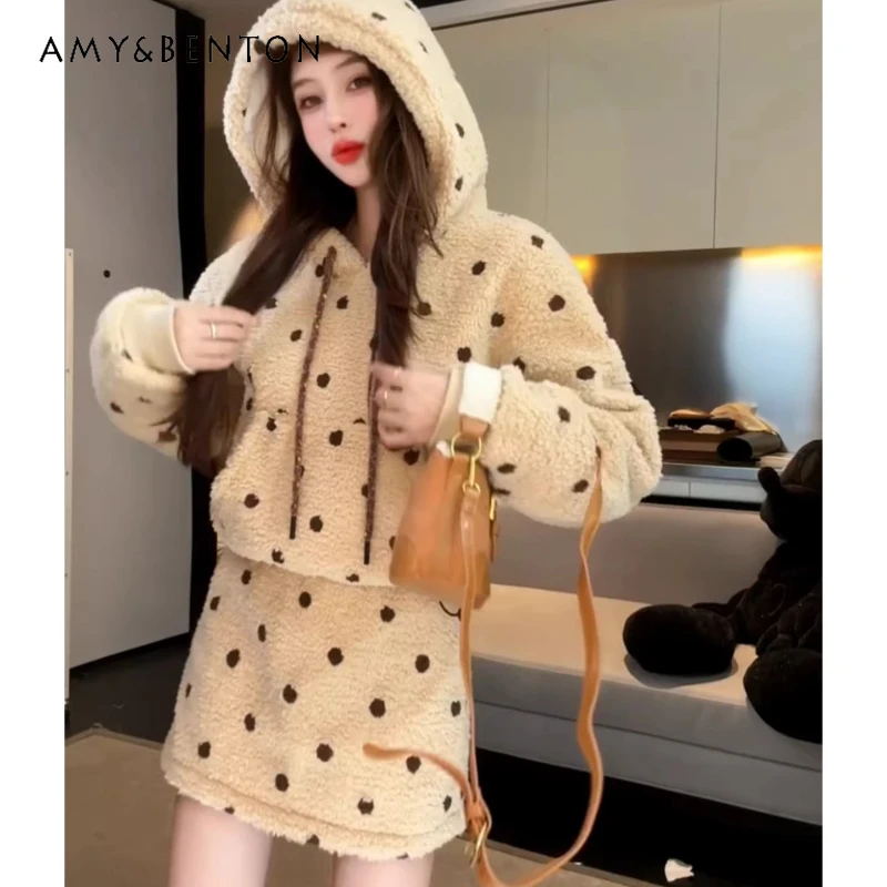 

Autumn Winter Khaki Polka Dot Lamb Wool Fleece Hooded Women's Sweatshirt Original Design High-end Fashion Casual Skirt Set Girl