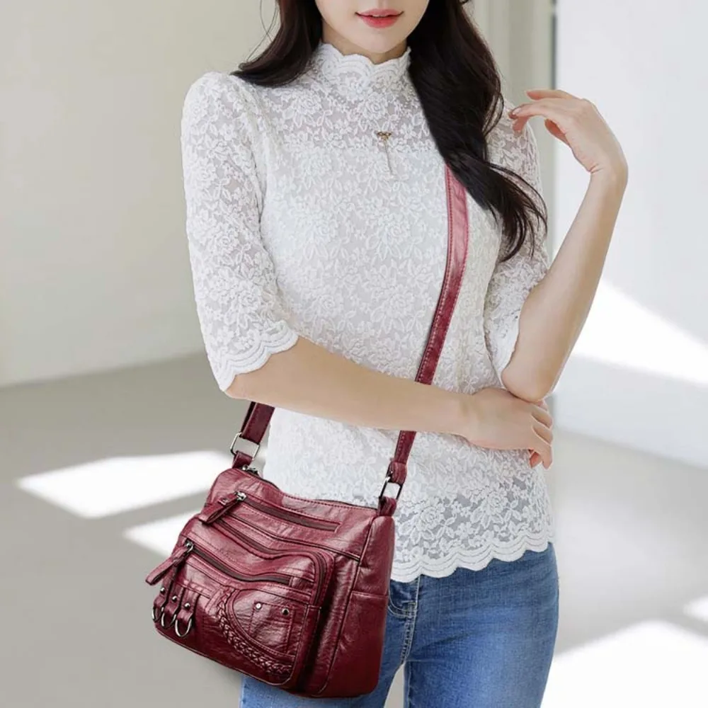 

Elegant Middle Aged Mom Bag Wide Strap Korean Style Large Capacity Shoulder Bag Brown Multi Pocket Soft PU Square Bag Travel