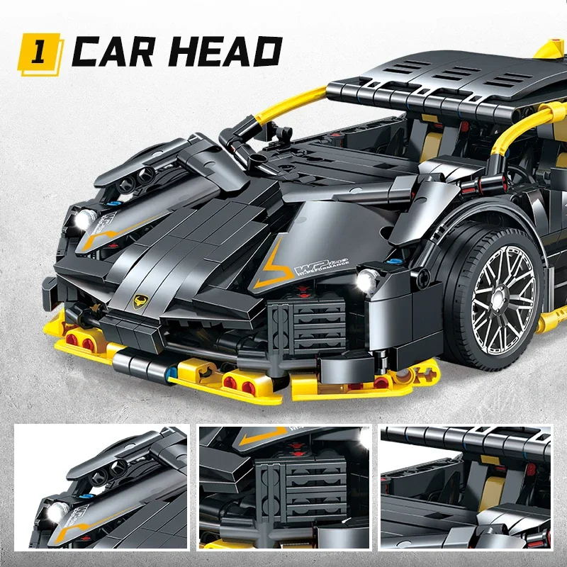 1229 قطعة نموذج لغز كتلة السيارة الخارقة التقنية عالي التقنية باللونين الأسود والأصفر نموذج مكعبات بناء السيارة هدايا عيد الميلاد #3
