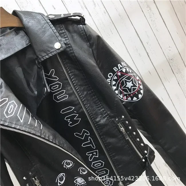 Print Faux Soft Leather Jacket Women Spring Fall Winter Pu Motorcycle Coat Black Punk Gothic Biker Rivet Pocket Outerwear