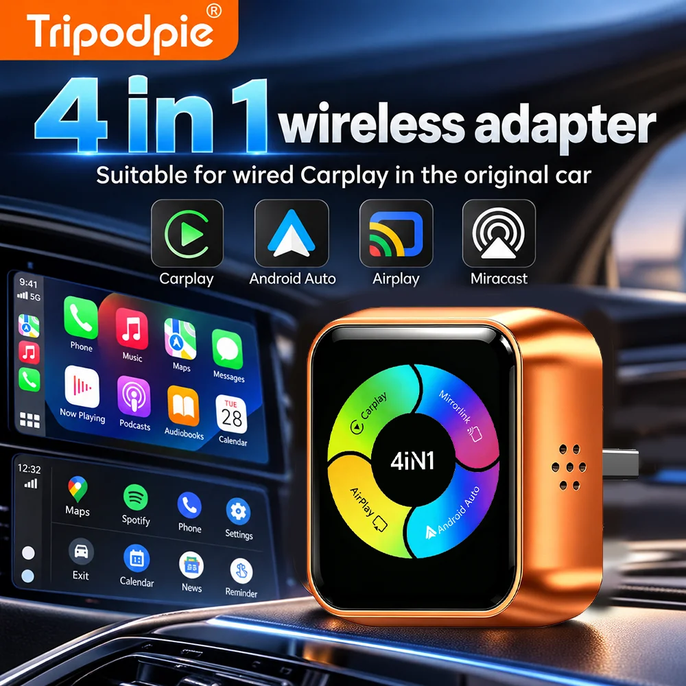 2026 NEW Upgrade 4 in 1 Wireless Carplay Android Auto Mirror Link Airplay Adapter Wired to Wireless Conversion Plug and Play