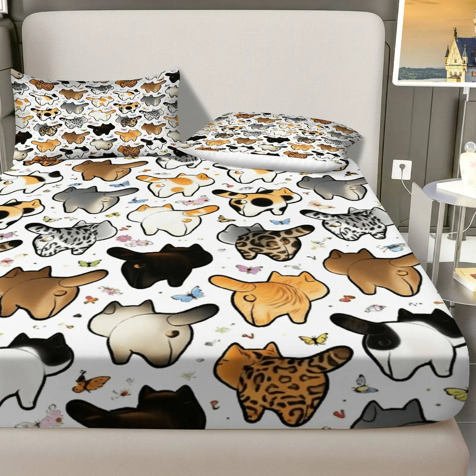 3-Piece Mattress Protector Set, 2D Flat Printed Fitted Sheet, Cute Cat Pattern Fitted Sheet Set with Animal Theme, Cat Bedding, Home Bedroom Decoration, Holiday-Themed Fitted Sheet and Pillowcase, Mattress Protector, Stain-Resistant, Mattress Cover Suitable for All Seasons, Machine Washable, Easy to Care For, Suitable for Home Bedroom, Essential for Dormitories and Rentals, Master Bedroom Decoration, Dust-Proof and Stain-Resistant, High Elasticity, Fits Various Sizes