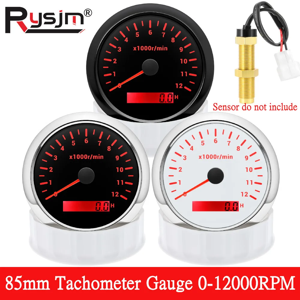 Tacómetro LED Rojo de 85 mm, 0-12000 RPM, con Horómetro, Medidor de Revoluciones para Barco, Coche, Camión, Sensor de Tacómetro RPM M16 M18
