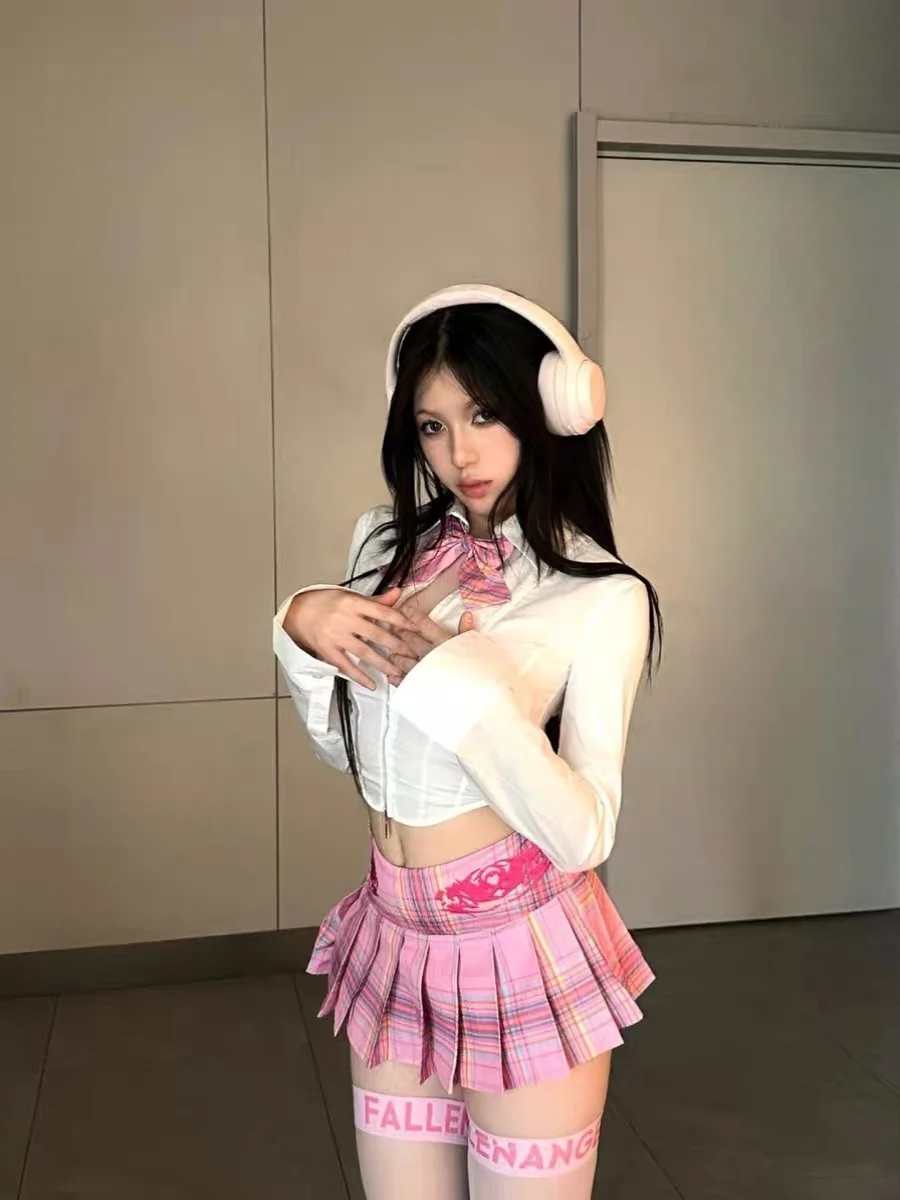 College Style Jk Uniform Sweet Spicy Versatile Shirt Top Summer New High Waist Slimming Pleated Short Skirt Two Piece Set Women