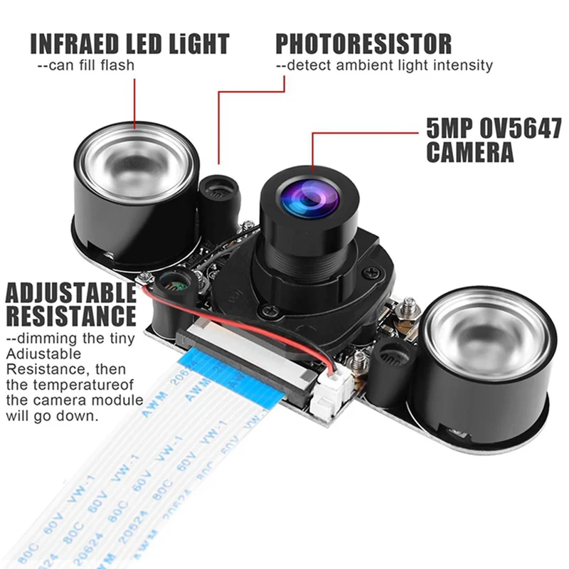 Elegante-para câmera raspberry pi 4b com suporte e cabo módulo de câmera ir 5mp ov5647 webcam comutação automática entre dias
