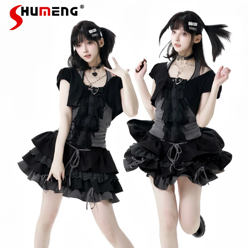 

Subculture Punk Hot Girls Skirt Set Summer New Girl's Sweet Cool Neck Top Cardigan Mini Skirt 3-piece Set Japan Style Streetwear