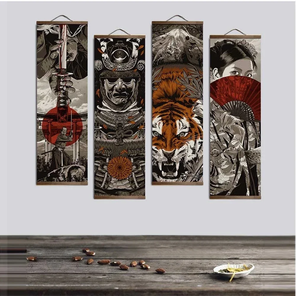 

Japanese Samurai Ukiyoe Tiger Canvas Poster Pictures for Living Room Home Decor Painting Wall Art with Solid Wood Hanging Scroll