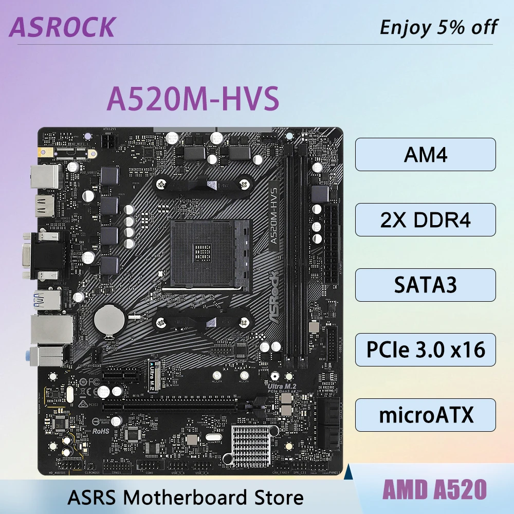 A520 A520M-HVS ASROCK Motherboard AM4 Support R5 5600 R7 5700X R5 4600G R5 4600G R5 3600 CPU Ram DDR4 Micro ATX SATA3 PC M.2