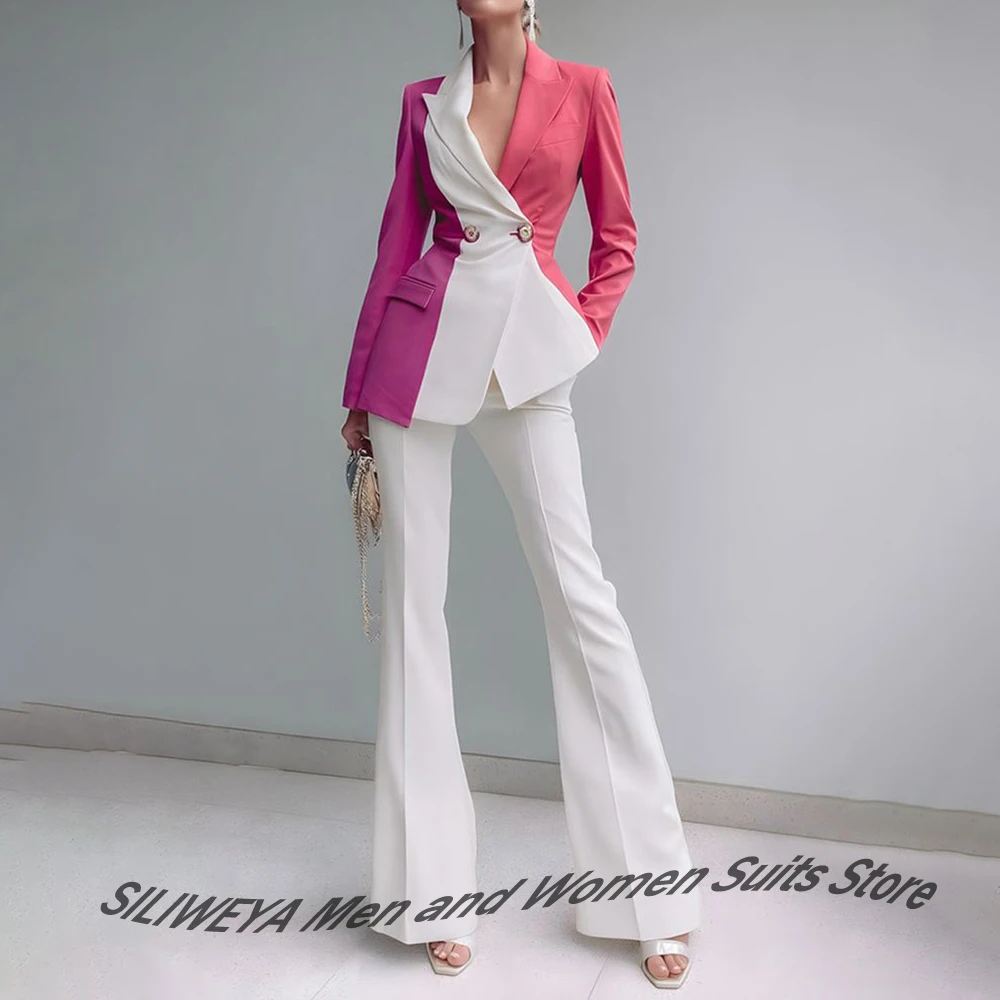 Fashion Women's Three Color-Block Jacket Double Breasted Peaked Lapel Blazer Pants Set Exaggerated Stage Host 2Piece Female Suit