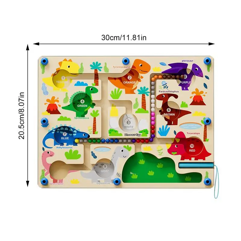 Magnetic Bead Maze Toy Dinosaur Wooden Color Matching Maze Board English Words Design Number Counting Desktop Game For Boys