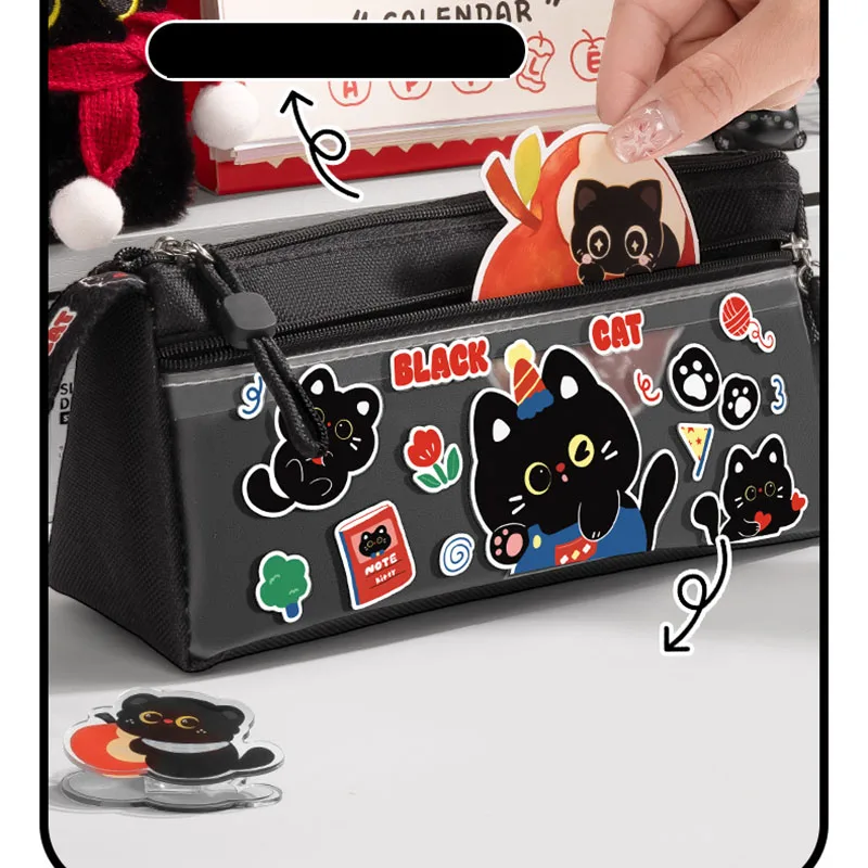 Triangular Handheld Pen Bag with Childlike Charm - Cute Black Cat Pencil Case, Large Capacity, Double Layer Stationery