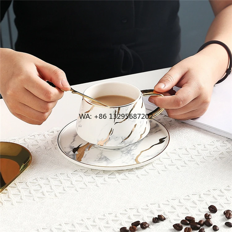 

New Design Luxury Golden Handle Marble Ceramic Coffee Cup with Saucer