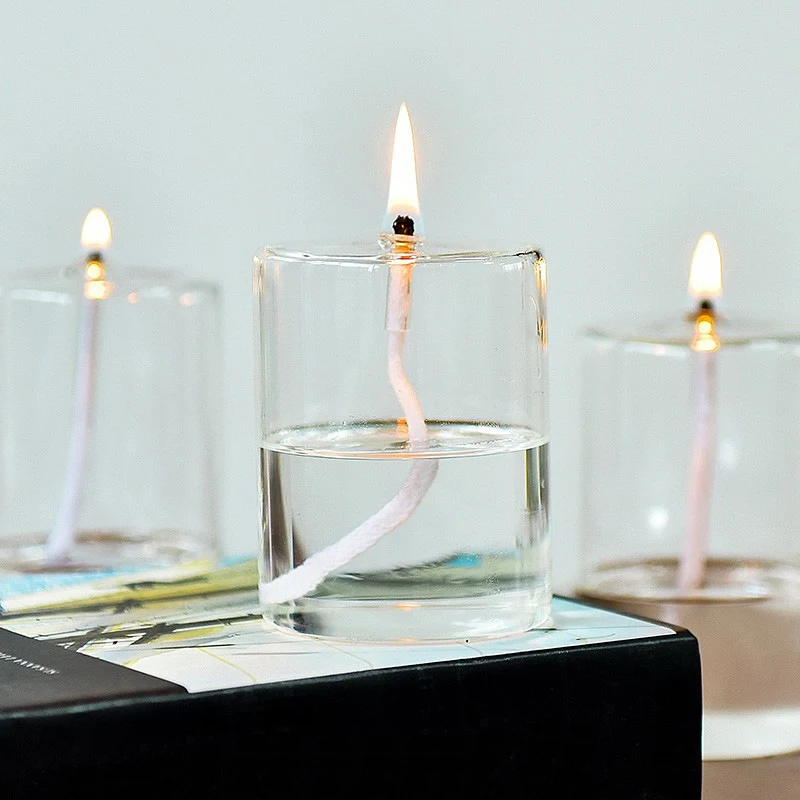 Refillable Liquid Petite Cylindrical Small Oil Lamps Sturdy Borosillicate Oil Candle Pillar Unscented Oil Candles for Home